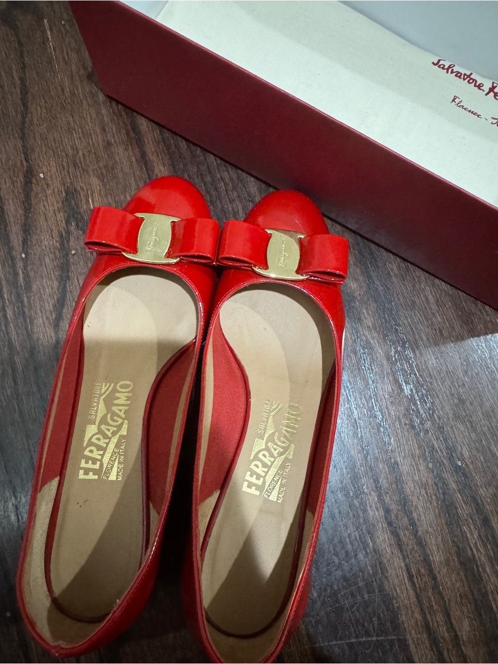 Salvatore Ferragamo Red Patent Leather Vara Bow Flats